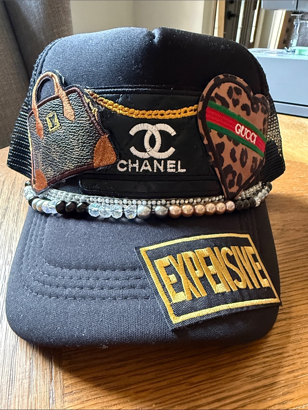 Trucker Hat Black Embellished Beaded Designer Style Patch Cap Handmade